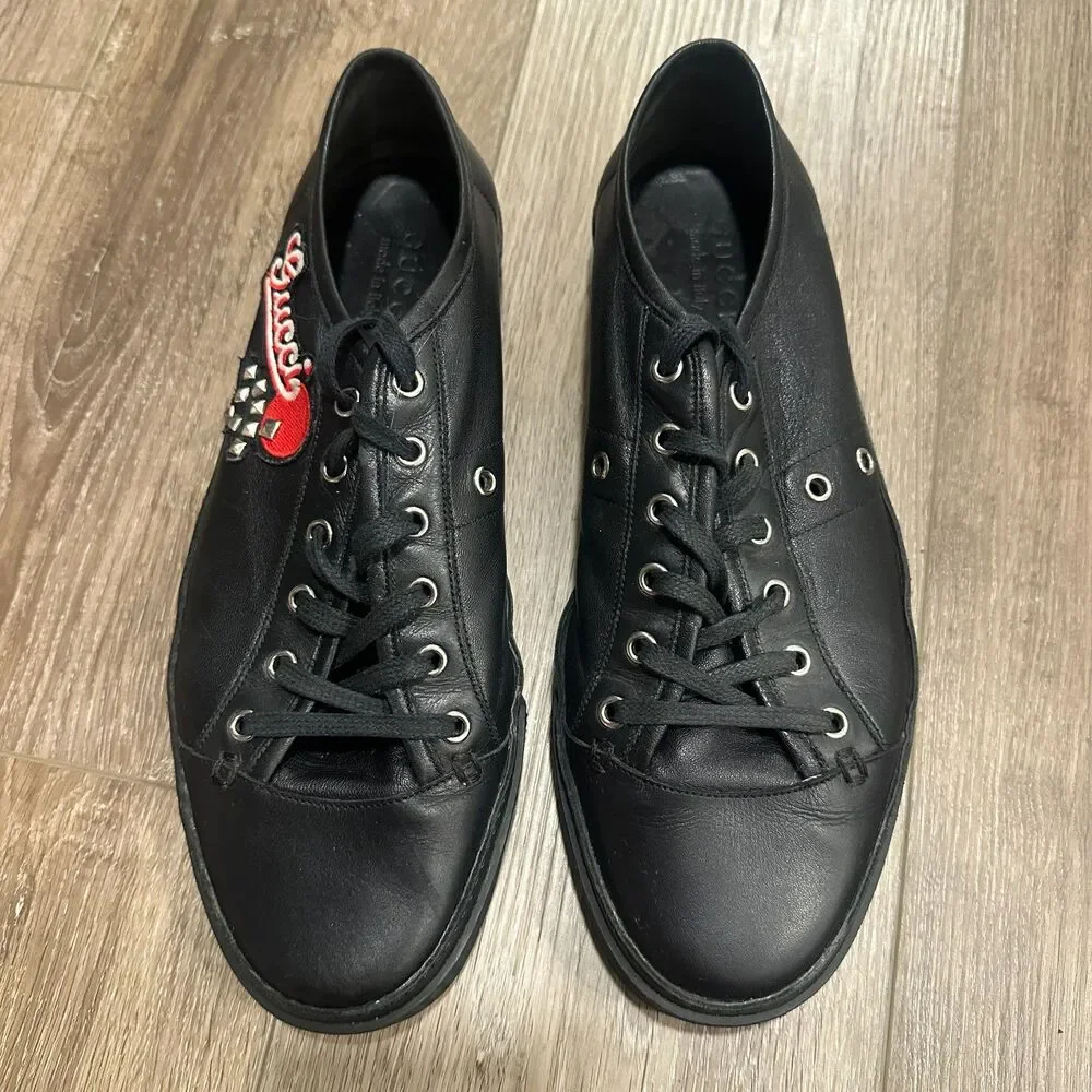 Gucci Black Leather Studded Script Logo Patch Low Top Sneakers Gucci 9 US Men 10